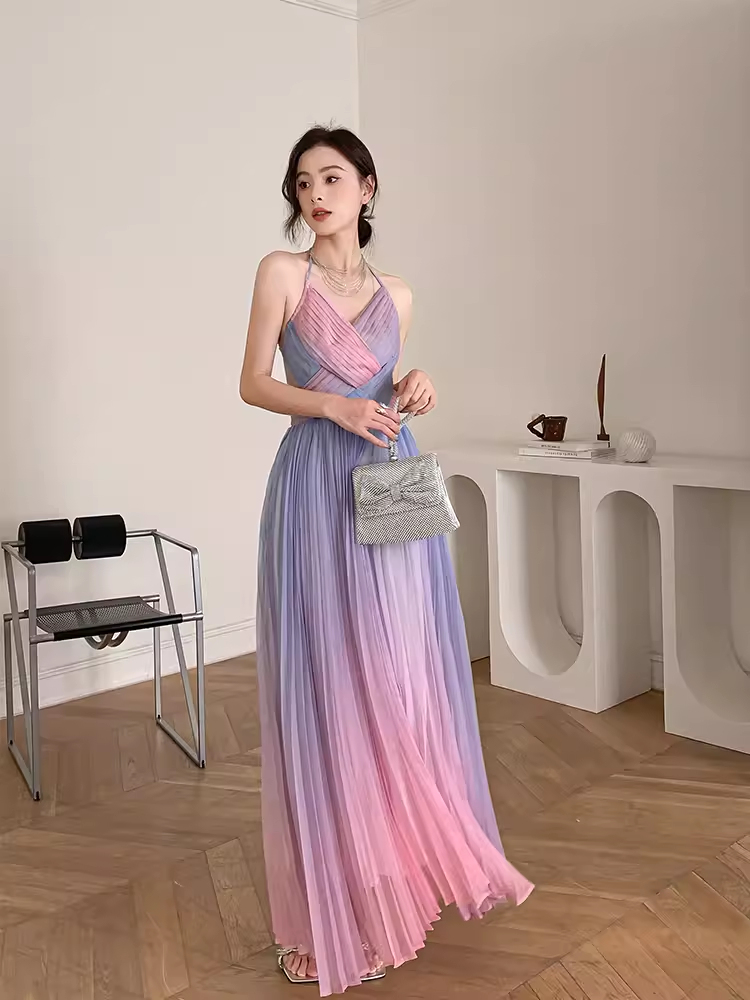 Vintage sirène licou sans manches Ombre rose longues robes de bal C85