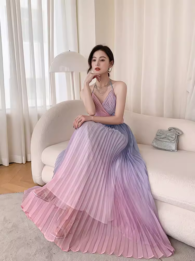 Vintage sirène licou sans manches Ombre rose longues robes de bal C85