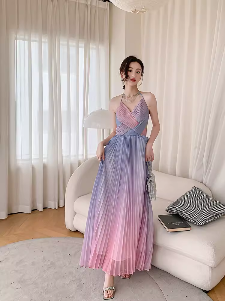 Vintage sirène licou sans manches Ombre rose longues robes de bal C85