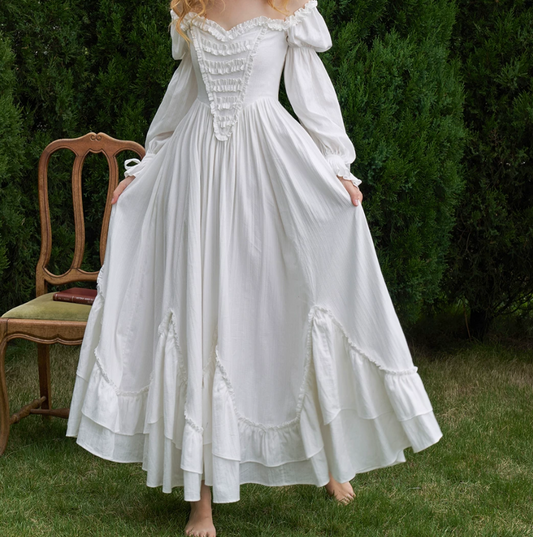 Elegant Off-Shoulder White Prom Dress Long Sleeve Ruffles A-Line Evening Dress C8602