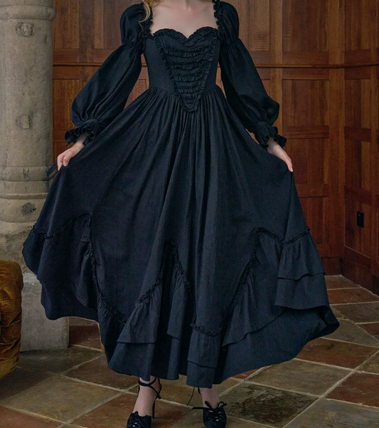 Trendy Long Sleeve Black Prom Dress Ruffles Off-Shoulder A-Line Evening Dress C8603