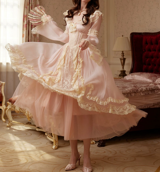 Adorable V Neck Pink Prom Dress Long Sleeve Lace Tulle A-Line Evening Dress C8604