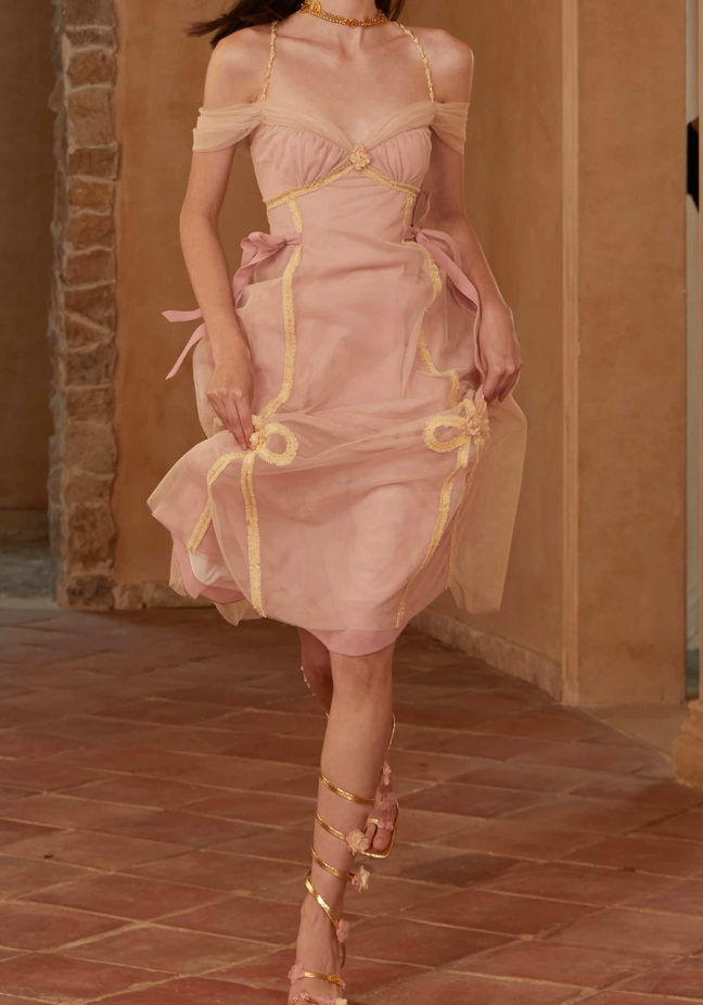 Chic Off-Shoulder Pink Prom Dress Tulle A-Line Evening Dress C8607