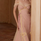 Chic Off-Shoulder Pink Prom Dress Tulle A-Line Evening Dress C8607