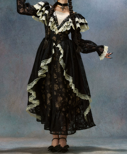 Gothic Square Neck Black Prom Dress Long Sleeve Lace A-Line Evening Dress C8608