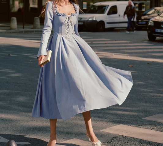 Sleek Ruffled Square Neck Blue Prom Dress Long Sleeve A-Line Evening Dress C8609