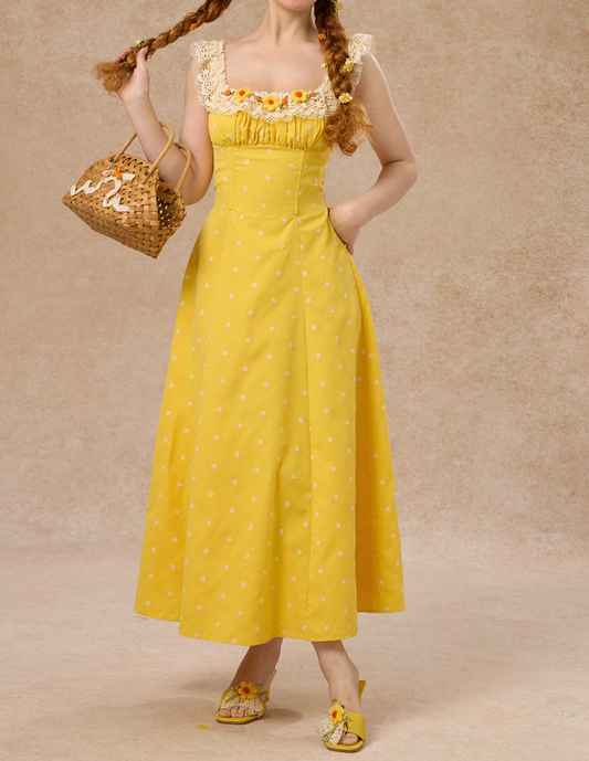 Y2K Square Neck Yellow Prom Dress Polka Dots Appliqus A-Line Evening Dress C8610
