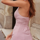 Mini robe de soirée en satin, sans bretelles, sans manches, ligne a, simple, C899