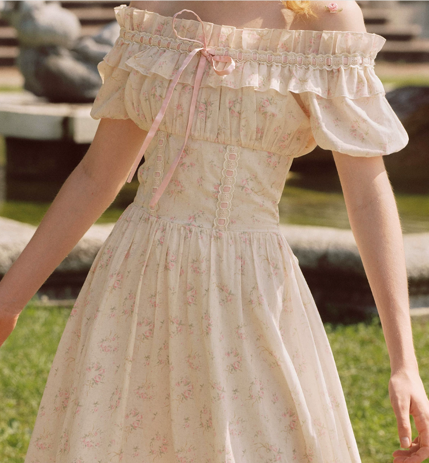 Fascinating Off-Shoulder Beige Prom Dress Floral A-Line Tiered Evening Dress C8617