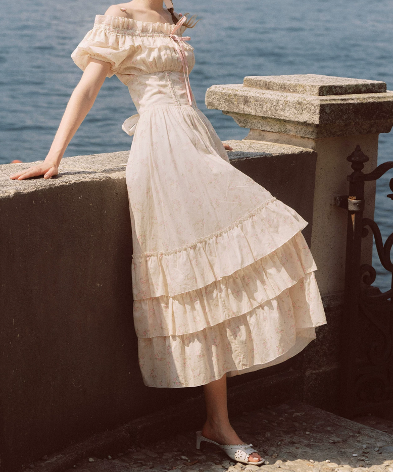 Fascinating Off-Shoulder Beige Prom Dress Floral A-Line Tiered Evening Dress C8617