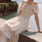 Fascinating Off-Shoulder Beige Prom Dress Floral A-Line Tiered Evening Dress C8617