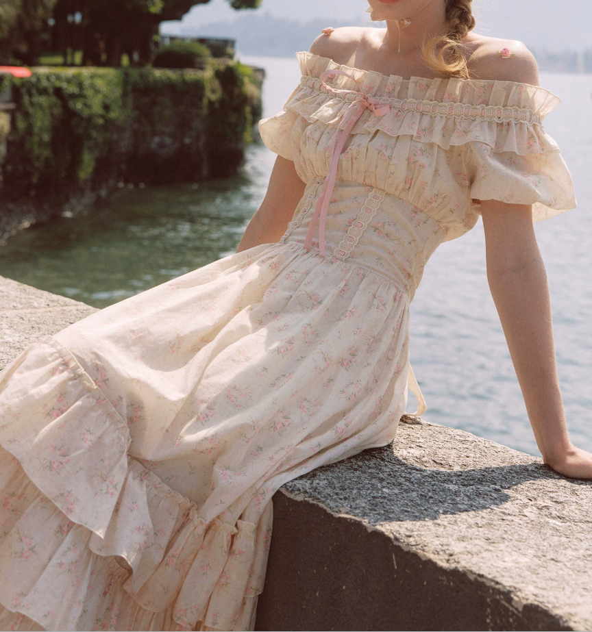 Fascinating Off-Shoulder Beige Prom Dress Floral A-Line Tiered Evening Dress C8617