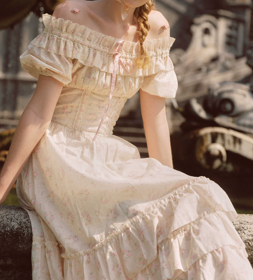 Fascinating Off-Shoulder Beige Prom Dress Floral A-Line Tiered Evening Dress C8617