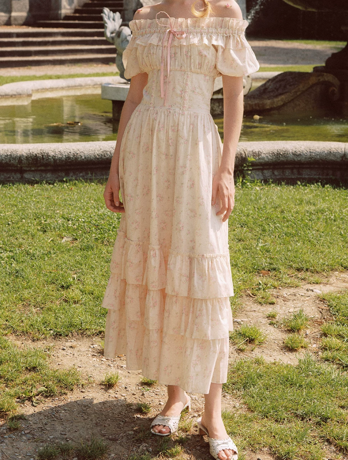 Fascinating Off-Shoulder Beige Prom Dress Floral A-Line Tiered Evening Dress C8617