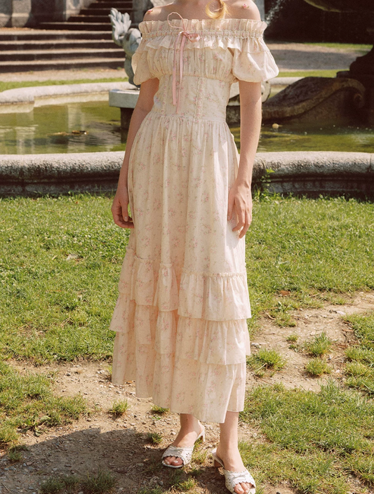 Fascinating Off-Shoulder Beige Prom Dress Floral A-Line Tiered Evening Dress C8617