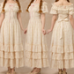 Fascinating Off-Shoulder Beige Prom Dress Floral A-Line Tiered Evening Dress C8617
