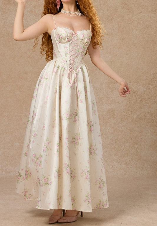 Romantic Spaghetti Straps Floral Prom Dress Lace-Up A-Line Evening Dress C8618