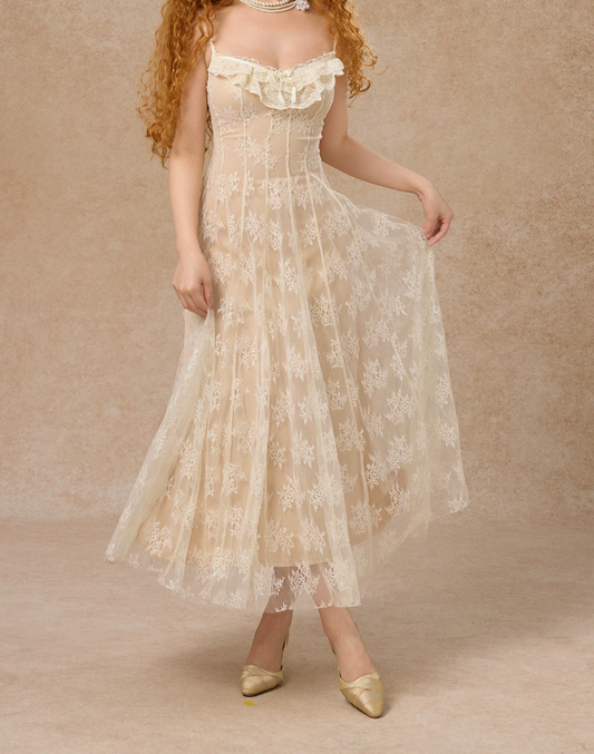 Ornate Spaghetti Straps Beige Prom Dress Lace A-Line Evening Dress C8619