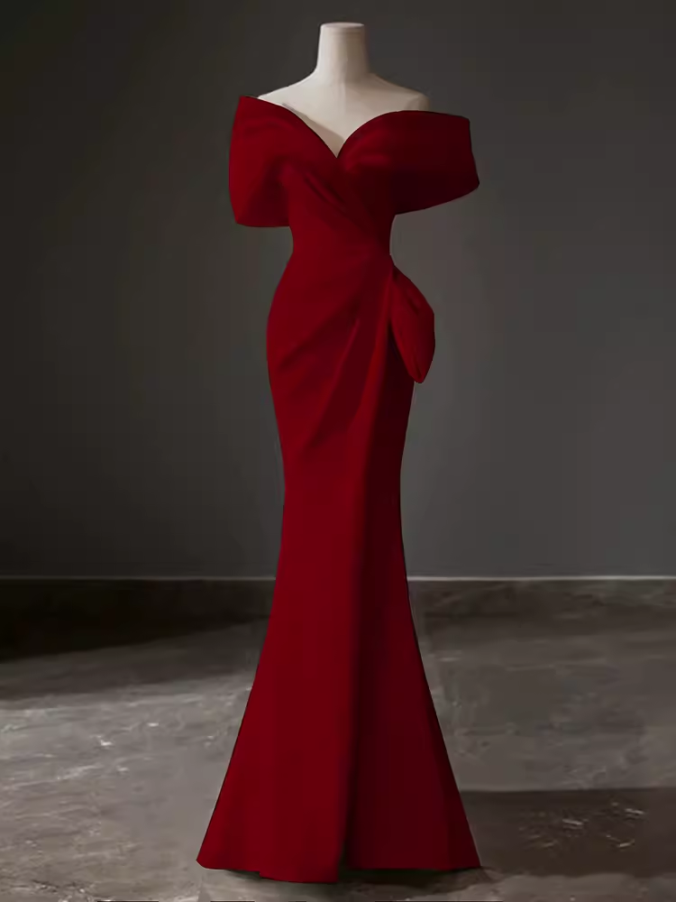 Modest Mermaid Off The Shoulder Satin Red Prom Dress Long Evening Dres