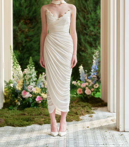 Chic Strapless White Wedding Dresses With Scarf Appliqeus Ruched Bridal Dress C8624