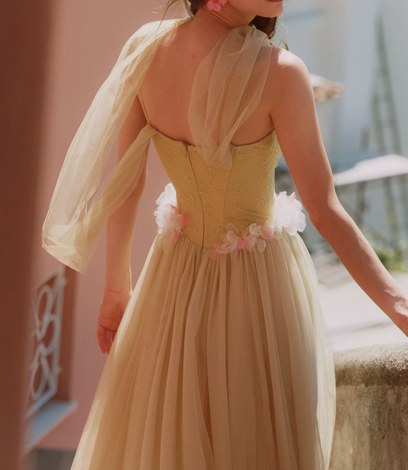Vintage Spaghetti Straps Green Prom Dress Tulle Appliques A-Line Evening Dress C8626