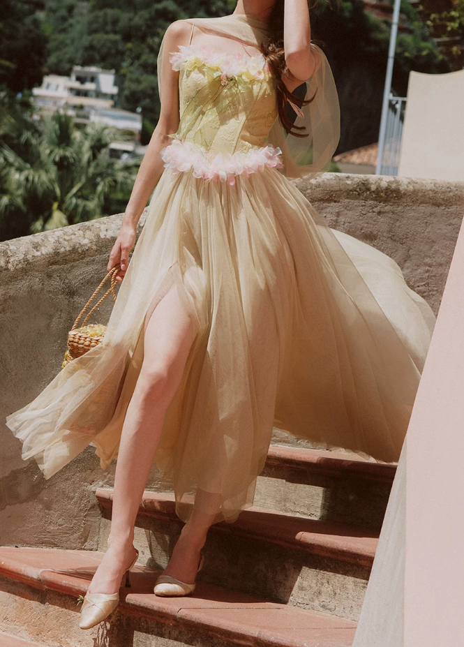 Vintage Spaghetti Straps Green Prom Dress Tulle Appliques A-Line Evening Dress C8626