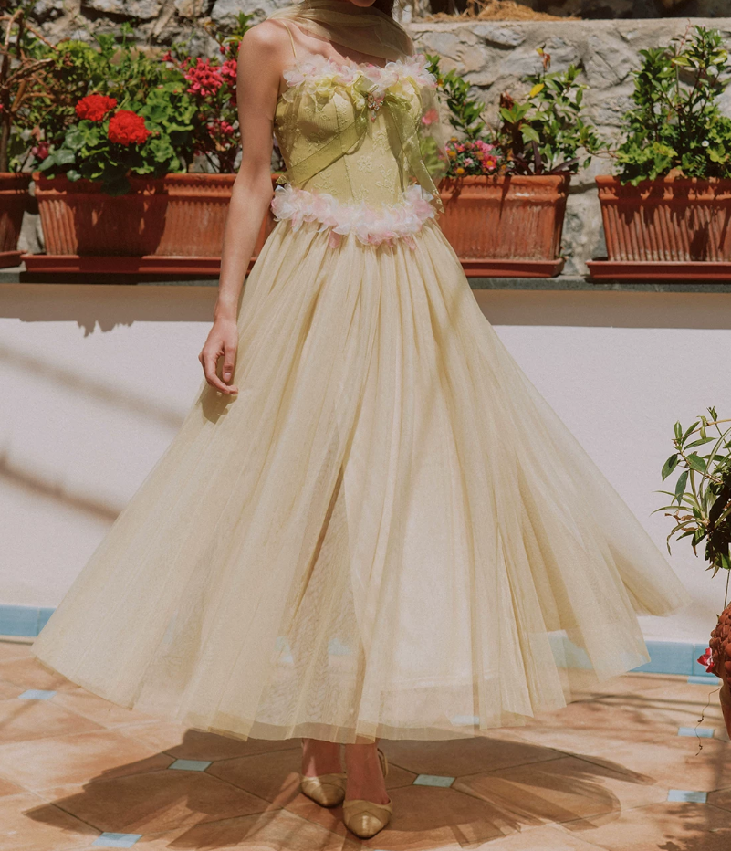 Vintage Spaghetti Straps Green Prom Dress Tulle Appliques A-Line Evening Dress C8626