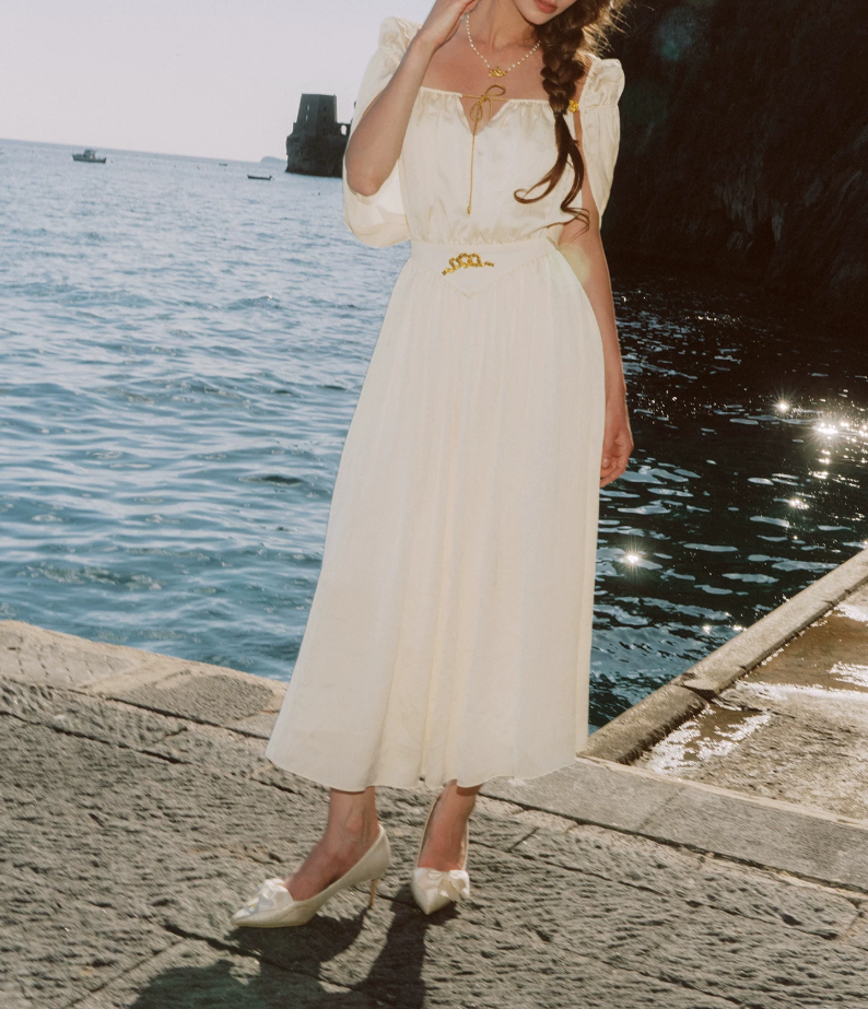 Flowy Short Sleeve White Prom Dress Chiffon A-Line Evening Dress C8627