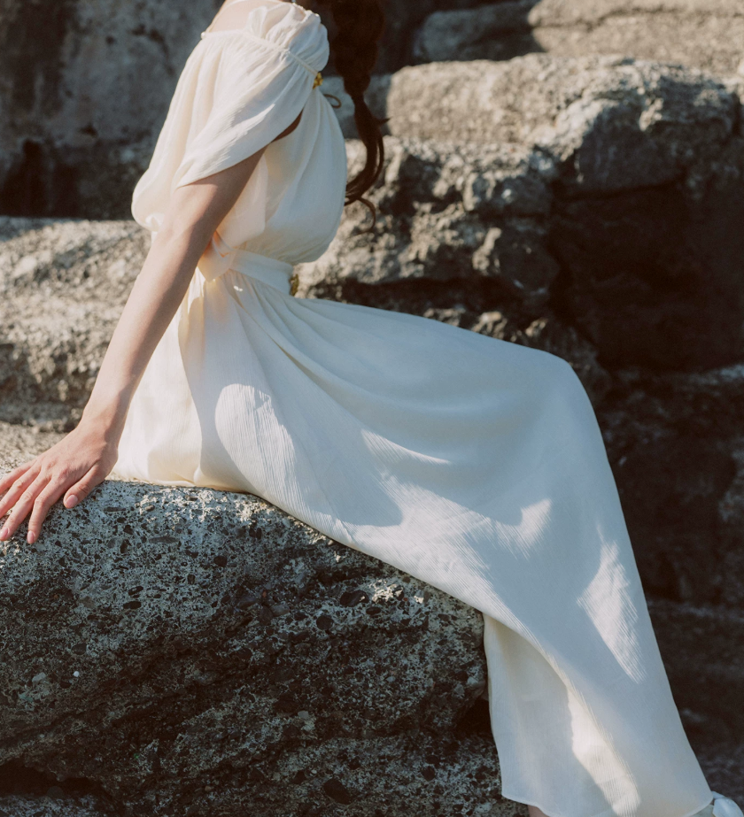 Flowy Short Sleeve White Prom Dress Chiffon A-Line Evening Dress C8627