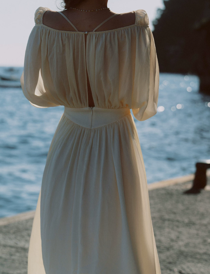 Flowy Short Sleeve White Prom Dress Chiffon A-Line Evening Dress C8627
