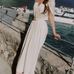Flowy Short Sleeve White Prom Dress Chiffon A-Line Evening Dress C8627
