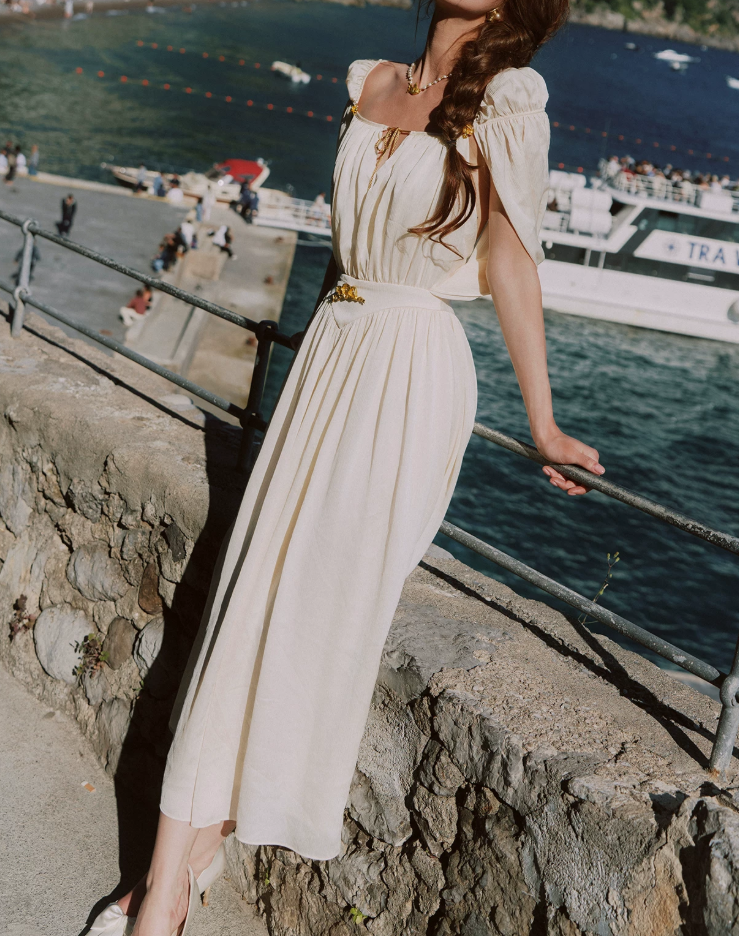 Flowy Short Sleeve White Prom Dress Chiffon A-Line Evening Dress C8627