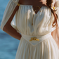 Flowy Short Sleeve White Prom Dress Chiffon A-Line Evening Dress C8627