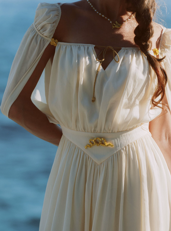 Flowy Short Sleeve White Prom Dress Chiffon A-Line Evening Dress C8627