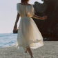 Flowy Short Sleeve White Prom Dress Chiffon A-Line Evening Dress C8627