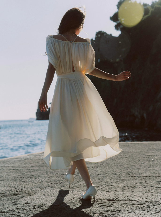 Flowy Short Sleeve White Prom Dress Chiffon A-Line Evening Dress C8627