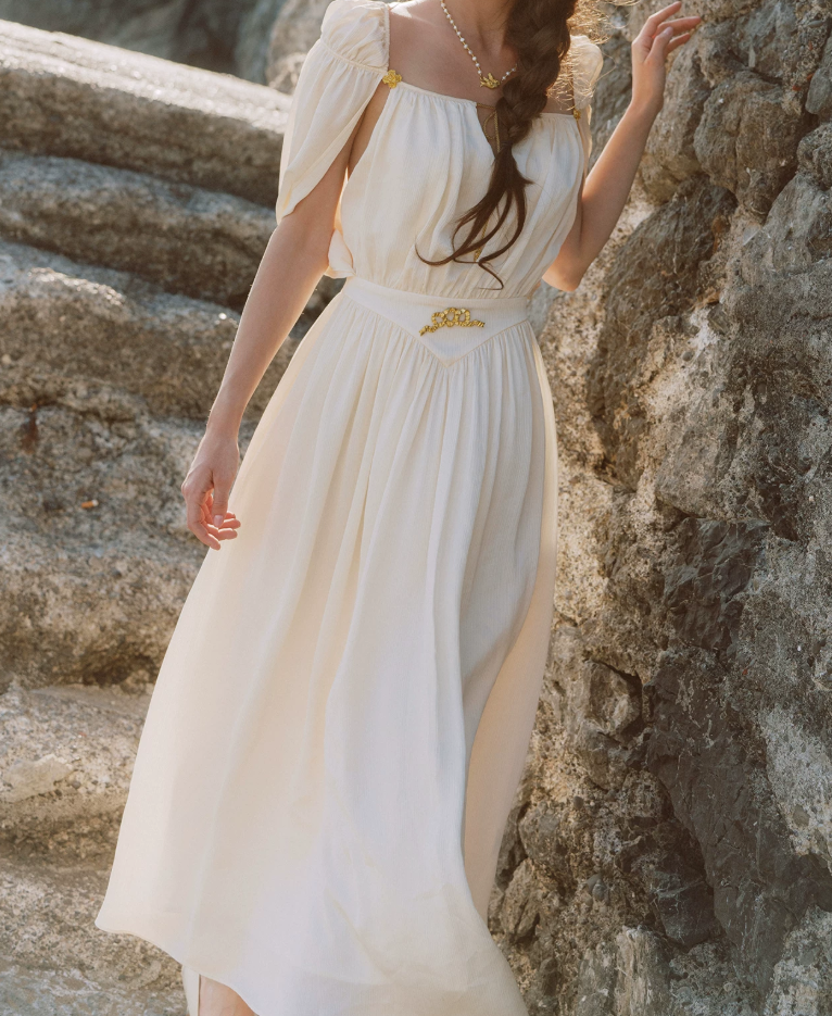 Flowy Short Sleeve White Prom Dress Chiffon A-Line Evening Dress C8627