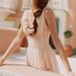 Classical V Neck Ivory Prom Dress 3D Floral Chiffon A-Line Evening Dress C8628