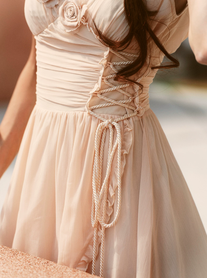 Classical V Neck Ivory Prom Dress 3D Floral Chiffon A-Line Evening Dress C8628