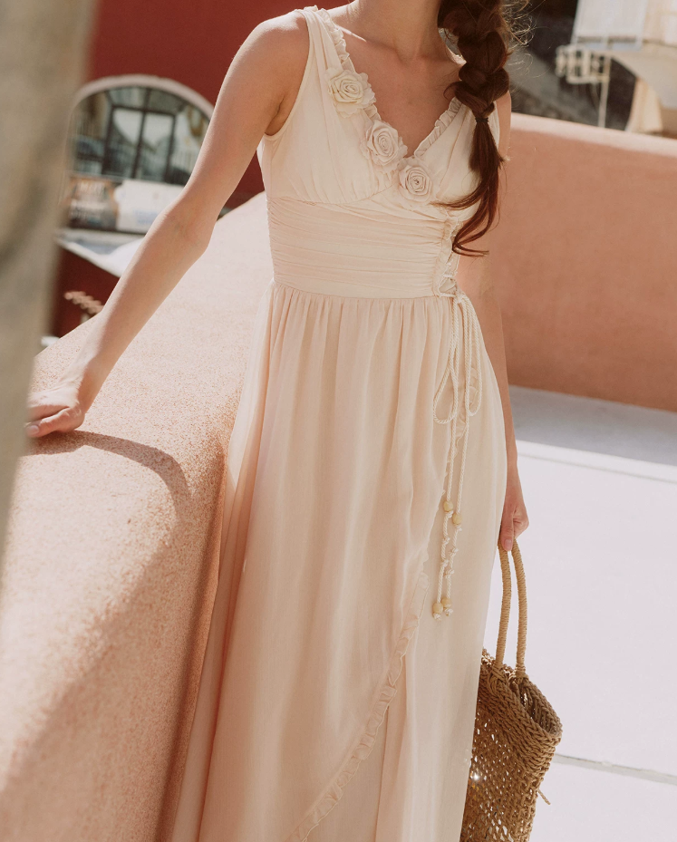 Classical V Neck Ivory Prom Dress 3D Floral Chiffon A-Line Evening Dress C8628