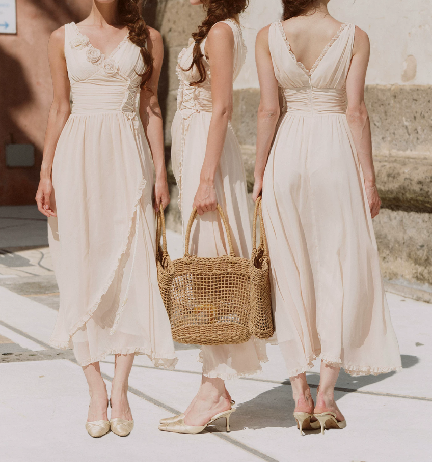 Classical V Neck Ivory Prom Dress 3D Floral Chiffon A-Line Evening Dress C8628