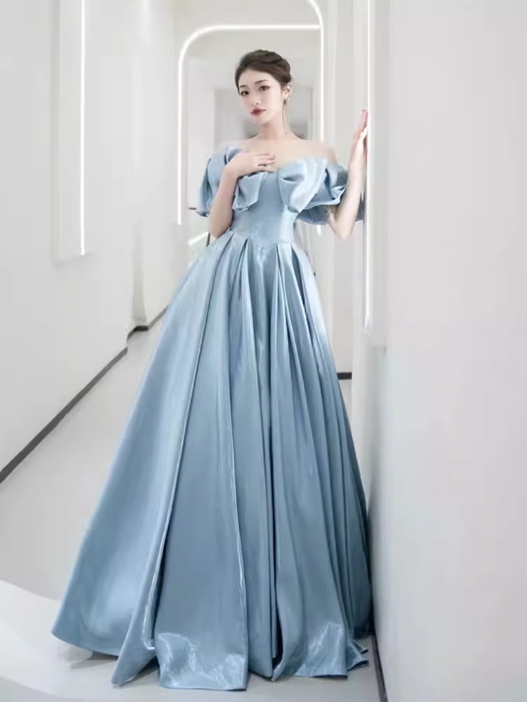 Modest A line Off The Shoulder Satin Light Sky Blue Prom Dress Long Ev