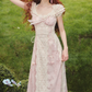 Romantic Short Sleeve Pink Prom Dress Lace Jacquard A-Line Evening Dress C8635