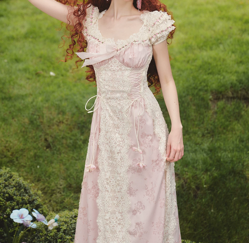 Romantic Short Sleeve Pink Prom Dress Lace Jacquard A-Line Evening Dress C8635