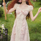 Romantic Short Sleeve Pink Prom Dress Lace Jacquard A-Line Evening Dress C8635