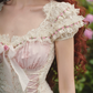 Romantic Short Sleeve Pink Prom Dress Lace Jacquard A-Line Evening Dress C8635