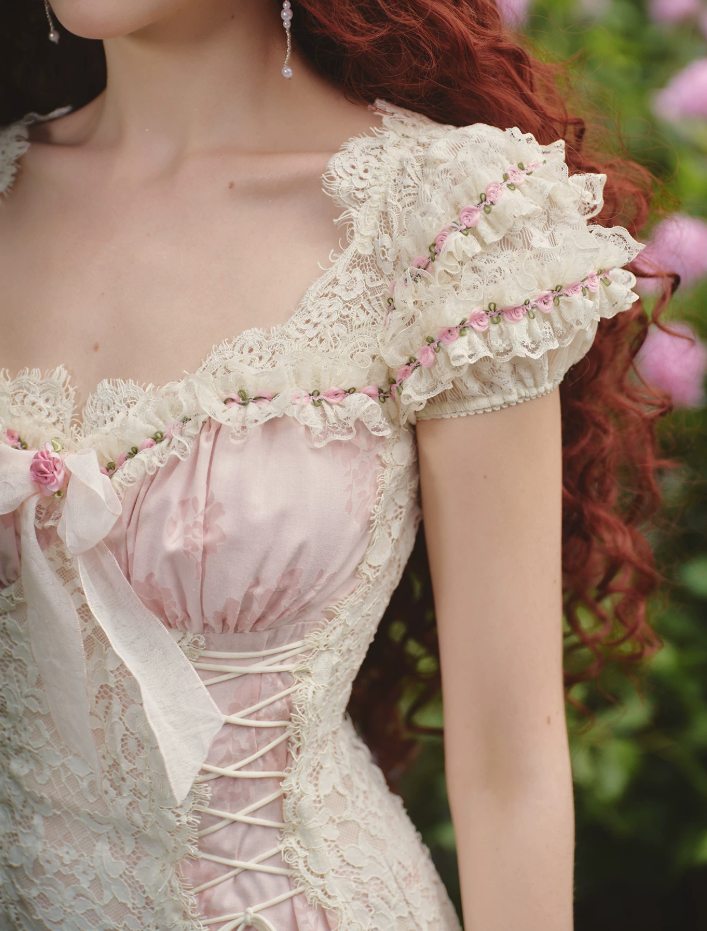 Romantic Short Sleeve Pink Prom Dress Lace Jacquard A-Line Evening Dress C8635