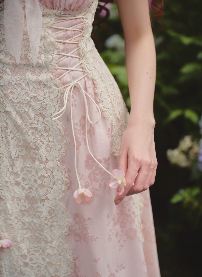 Romantic Short Sleeve Pink Prom Dress Lace Jacquard A-Line Evening Dress C8635