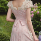 Romantic Short Sleeve Pink Prom Dress Lace Jacquard A-Line Evening Dress C8635