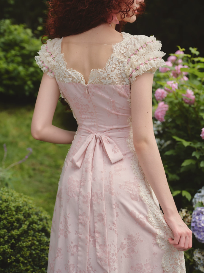 Romantic Short Sleeve Pink Prom Dress Lace Jacquard A-Line Evening Dress C8635